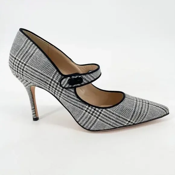 Manolo Blahnik Campari Houndstooth Wool Black Trim Mary Jane Heels Pumps IT 37.5 - Picture 2 of 11